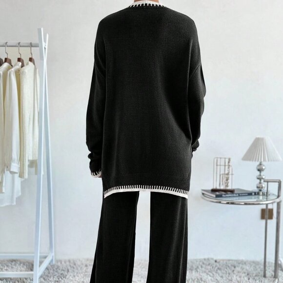 Multicolor Casual Women's Round Neck Drop Shoulder Sweater And Knitted Pants Set - Picture 2 of 6